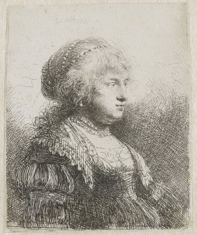 Saskia med pärlor i håret av Rembrandt van Rijn