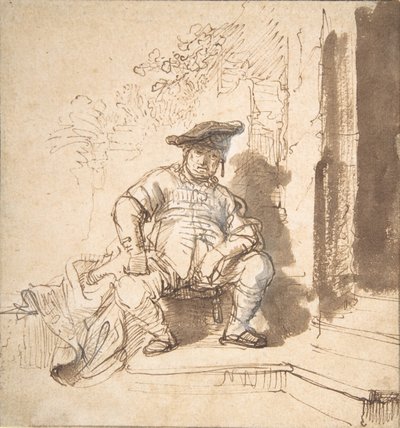 Sittande man med platt mössa, 1635-40. av Rembrandt van Rijn