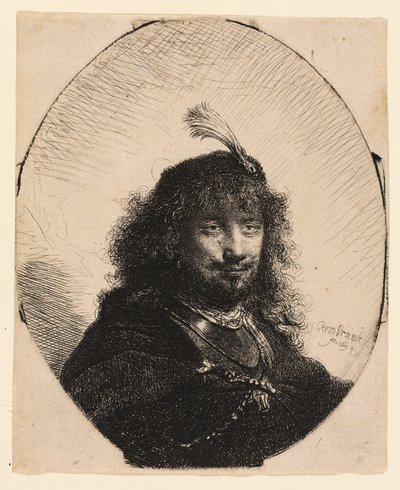 Självporträtt (?) med plymmössa och sänkt sabel av Rembrandt van Rijn