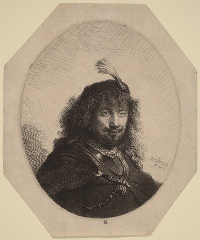 Självporträtt () med fjäderprydd mössa och nedsänkt sabel av Rembrandt van Rijn