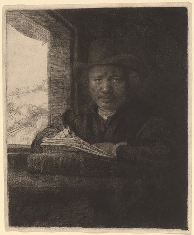 Självporträttteckning vid ett fönster av Rembrandt van Rijn