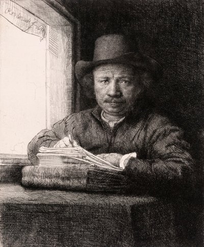 Självporträttteckning vid ett fönster av Rembrandt van Rijn av Rembrandt van Rijn