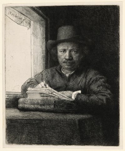 Självporträtt Etsning vid ett fönster av Rembrandt van Rijn