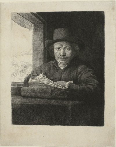 Självporträtt Etsning vid ett fönster av Rembrandt van Rijn