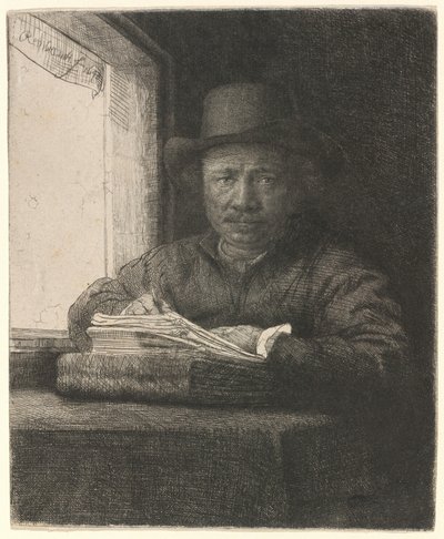 Självporträtt – etsning vid ett fönster av Rembrandt van Rijn