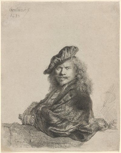Självporträtt lutad på en stentröskel av Rembrandt van Rijn