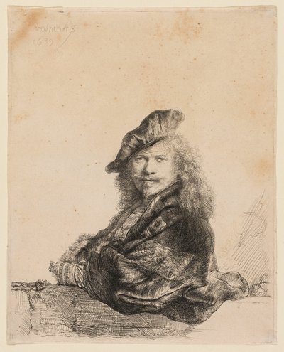 Självporträtt lutad på en stentröskel av Rembrandt van Rijn