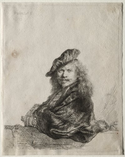 Självporträtt lutad på en stentröskel av Rembrandt van Rijn