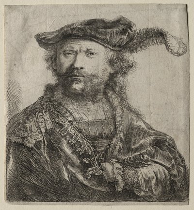 Självporträtt i sammetsmössa med plym av Rembrandt van Rijn