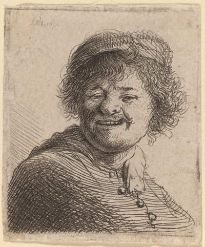 Självporträtt i mössa: Skrattar av Rembrandt van Rijn