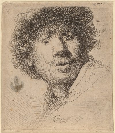 Självporträtt i mössa, öppen mun av Rembrandt van Rijn