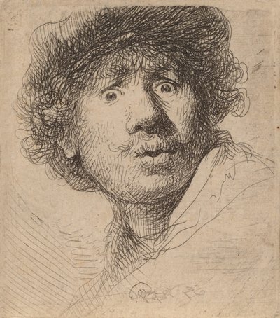 Självporträtt i mössa, öppen mun, 1630. av Rembrandt van Rijn