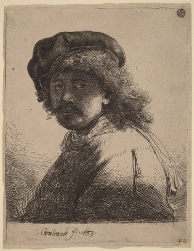 Självporträtt i mössa och halsduk med mörkt ansikte av Rembrandt van Rijn