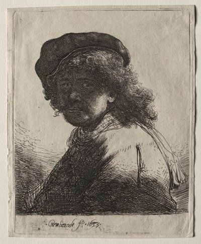 Självporträtt i keps och halsduk med ansiktet mörkt: byst av Rembrandt van Rijn