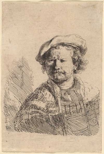 Självporträtt i platt mössa och broderad klänning av Rembrandt van Rijn
