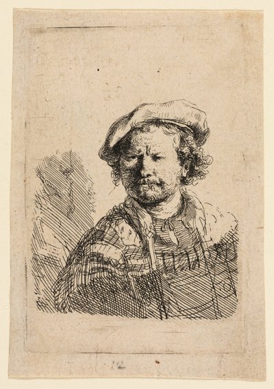Självporträtt i platt mössa och broderad klänning av Rembrandt van Rijn