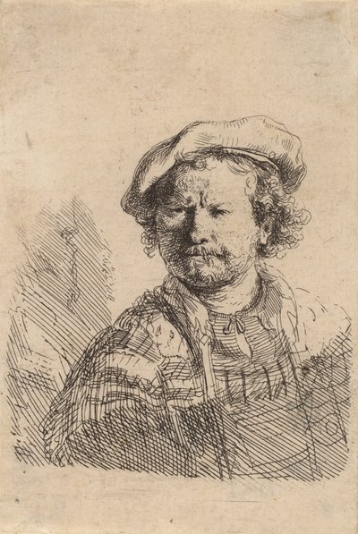 Självporträtt i platt mössa och broderad klänning, ca. 1642. av Rembrandt van Rijn
