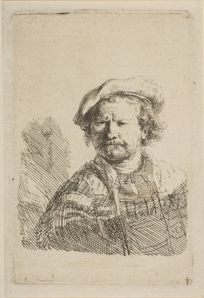 Självporträtt i platt mössa och broderad klänning, ca. 1642. av Rembrandt van Rijn