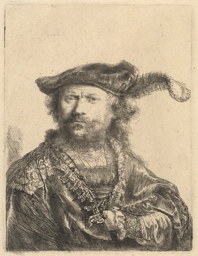 Självporträtt i sammetsmössa med plym av Rembrandt van Rijn