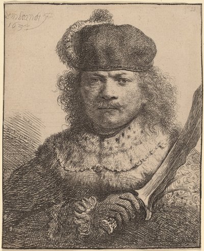 Självporträtt med upphöjd sabel av Rembrandt van Rijn