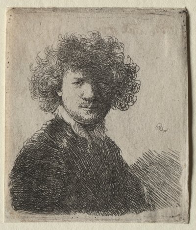 Självporträtt med lockigt hår och vit krage: Byst av Rembrandt van Rijn