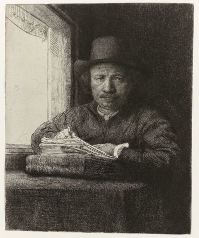 Självporträtt, Etsning vid ett fönster Självporträtt etsning vid ett fönster av Rembrandt van Rijn