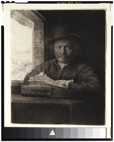 Självporträtt, Etsning vid ett fönster, 1648 (etsning och gravering på lagt papper) av Rembrandt van Rijn