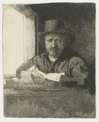 Självporträtt i etsning vid ett fönster av Rembrandt van Rijn