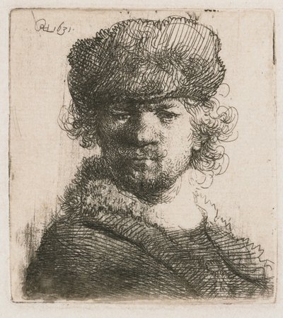 Självporträtt i en kraftig pälsmössa Självporträtt i tung pälsmössa: byst av Rembrandt van Rijn