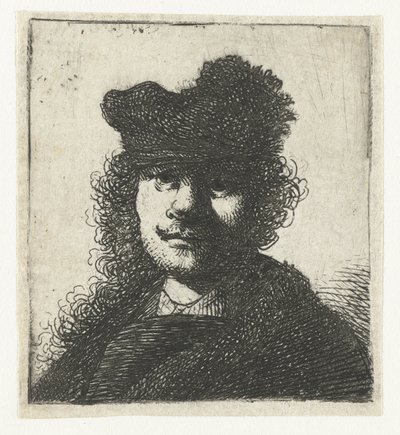 Självporträtt i keps och mörk kappa: byst av Rembrandt van Rijn