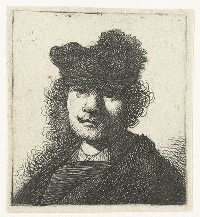 Självporträtt i keps och mörk kappa: byst av Rembrandt van Rijn