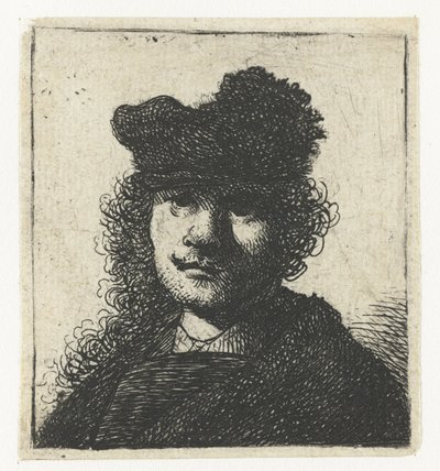 Självporträtt i keps och mörk kappa: byst av Rembrandt van Rijn