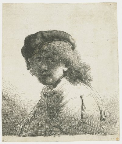 Självporträtt i keps och halsduk med ansiktet mörkt: byst av Rembrandt van Rijn