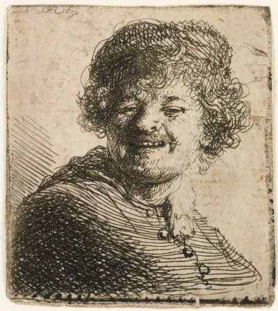 Självporträtt i keps: skrattar, 1630. av Rembrandt van Rijn