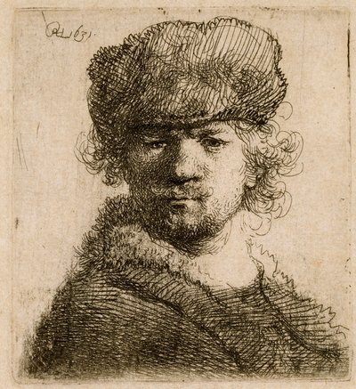 Självporträtt i tung pälsmössa: byst, 1631. av Rembrandt van Rijn