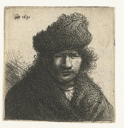 Självporträtt i sned pälsmössa: byst av Rembrandt van Rijn