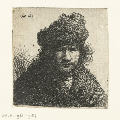 Självporträtt i sned pälsmössa: byst av Rembrandt van Rijn