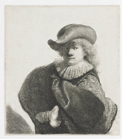 Självporträtt i mjuk hatt och mönstrad kappa av Rembrandt van Rijn