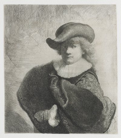 Självporträtt i mjuk hatt och mönstrad kappa av Rembrandt van Rijn