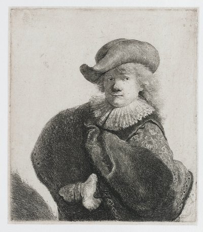Självporträtt med en mjuk hatt och en mönstrad mantel av Rembrandt van Rijn