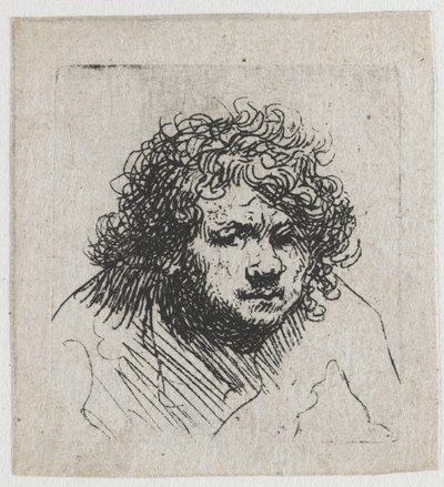 Självporträtt där personen lutar sig framåt: byst av Rembrandt van Rijn
