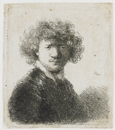 Självporträtt med lockigt hår och vit krage: byst av Rembrandt van Rijn