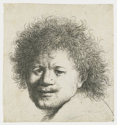 Självporträtt med långt buskigt hår: endast huvud av Rembrandt van Rijn