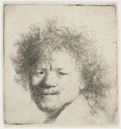 Självporträtt med långt, fylligt hår: endast huvudet av Rembrandt van Rijn