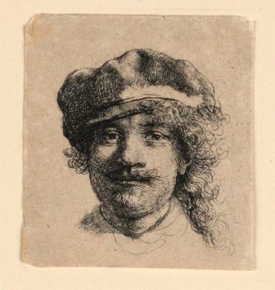 Självporträtt med en mjuk keps: Helt ansikte, endast huvud av Rembrandt van Rijn