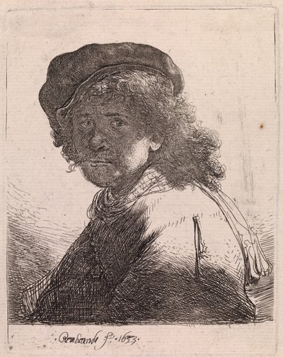 Självporträtt i mössa och halsduk med mörkt ansikte av Rembrandt van Rijn
