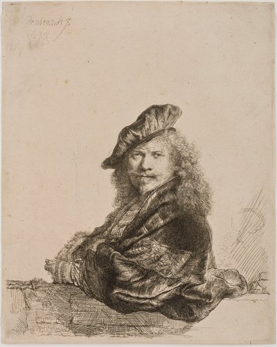 Självporträtt lutad mot en fönsterbräda, 1639 (etsning och torrnål) av Rembrandt van Rijn