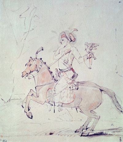 Shah Jehan med falk till häst (penna och bläck och wc på papper) av Rembrandt van Rijn