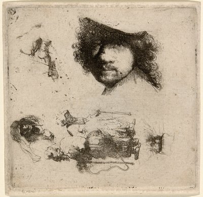 Studieblad: Chef för konstnären, ett tiggarpar, chefer för en gammal man och en gammal kvinna, etc. av Rembrandt van Rijn
