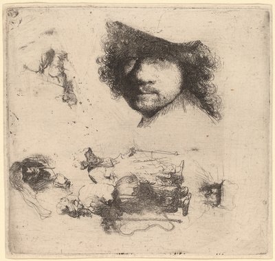 Studieark inklusive chef för konstnären, ett tiggarpar, chefer för en gammal man och gammal kvinna av Rembrandt van Rijn